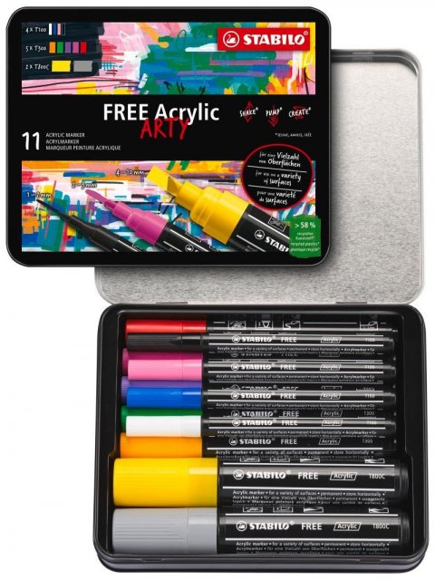 neuveden: Akrylový popisovač STABILO FREE Acrylic - startovací sada 11 ks se 3 různým