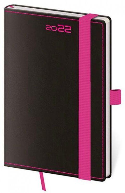 neuveden: Diář 2022 Black - Pink týdenní kapesní s poutkem na propisku